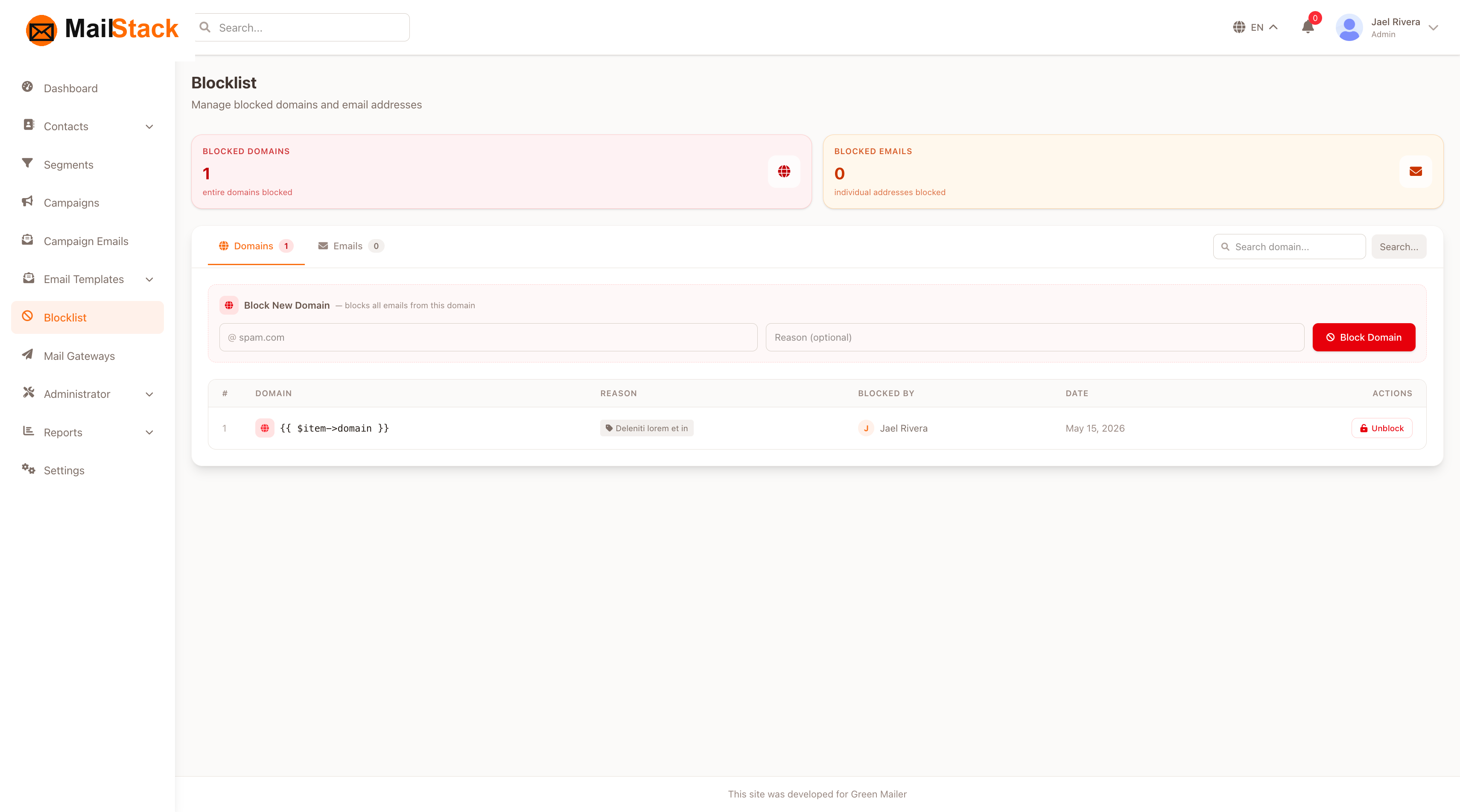 Email marketing blocklist management for blocked addresses and domains