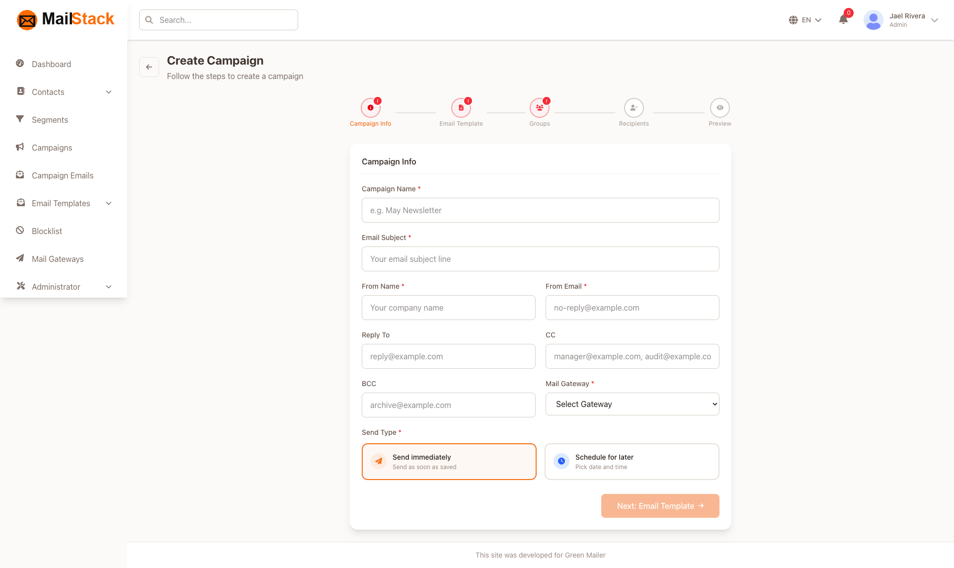 Email campaign builder for creating scheduling and sending marketing campaigns