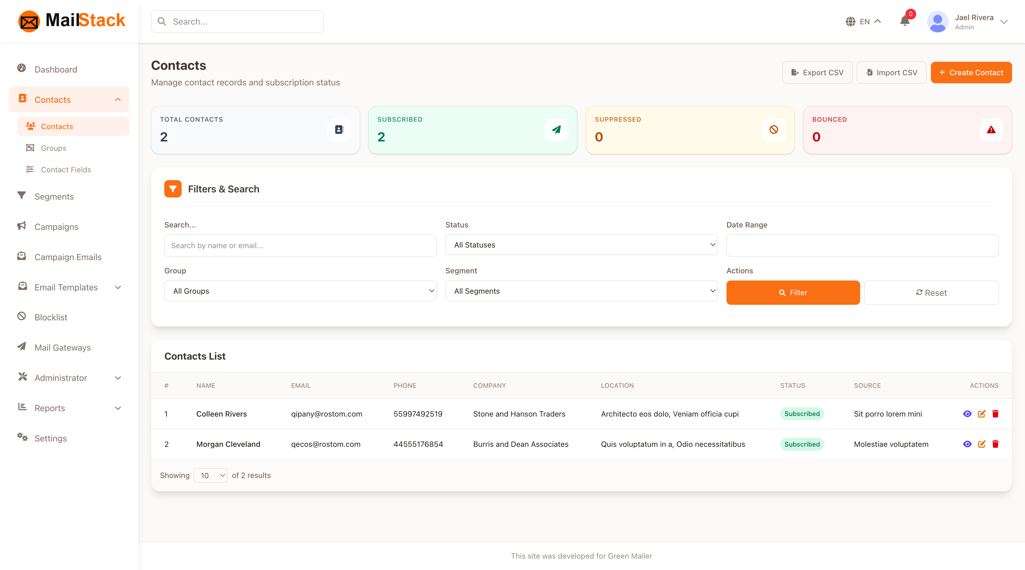 Email marketing contact management and audience segmentation software screen