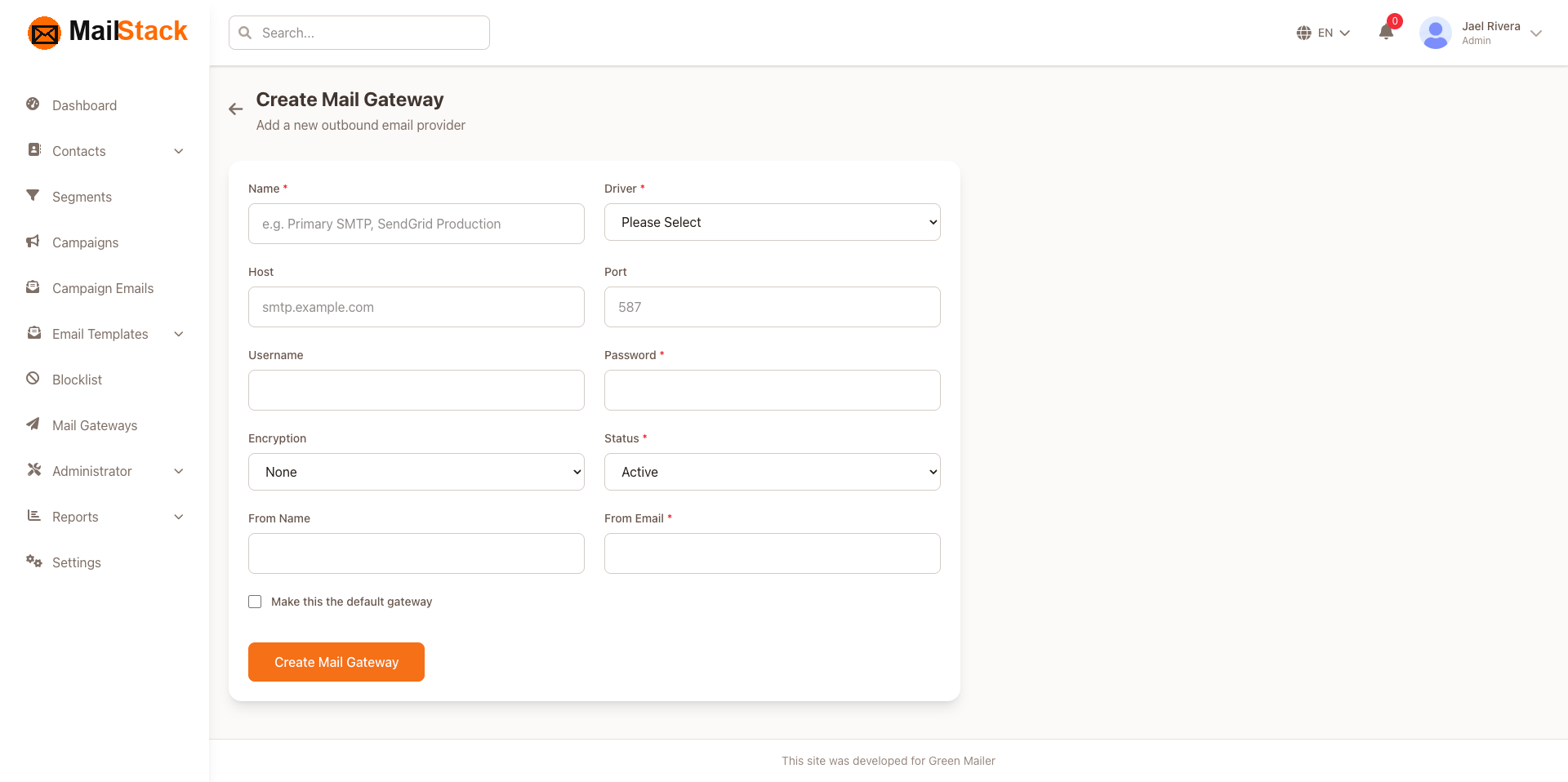 MailStack email marketing software mail gateway configuration for SMTP SES Mailgun and SendGrid